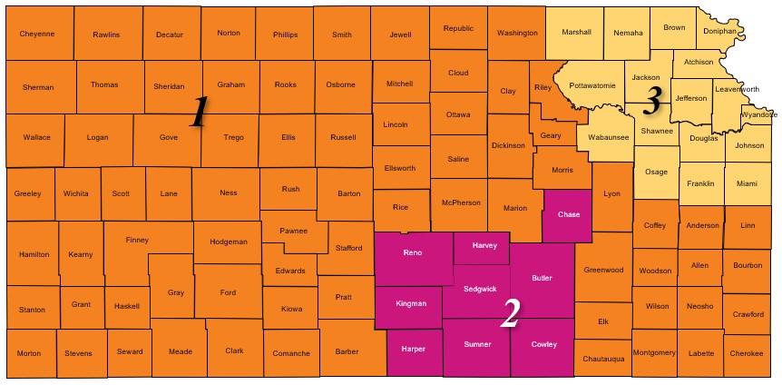 Map of Kansas with Behavioral Health Representatives Regions